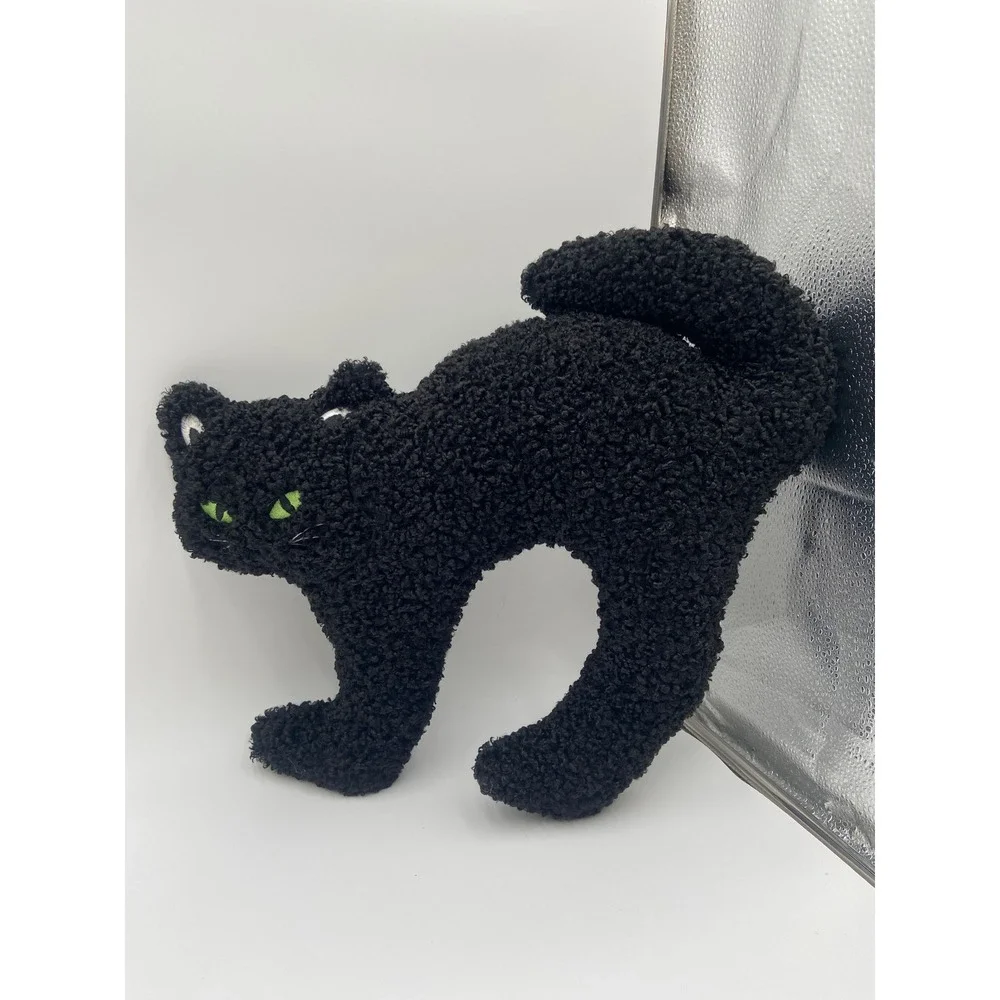 World Market Plush Pillow Black Cat Sherpa Boucle Halloween Decor Arched Back